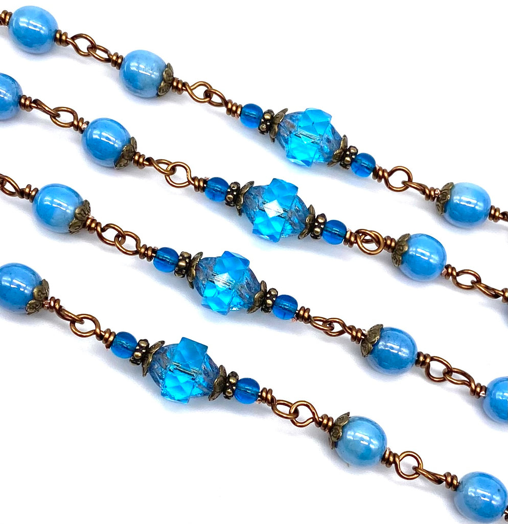 Capri Blue Czech Glass Wire Wrapped Catholic Heirloom Rosary LARGE