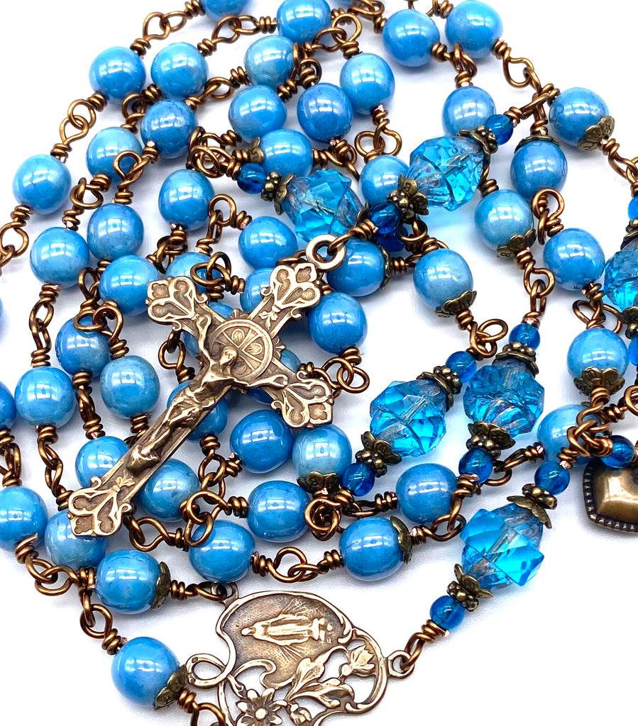 Capri Blue Czech Glass Wire Wrapped Catholic Heirloom Rosary LARGE