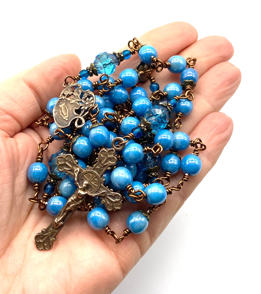 Capri Blue Czech Glass Wire Wrapped Catholic Heirloom Rosary LARGE