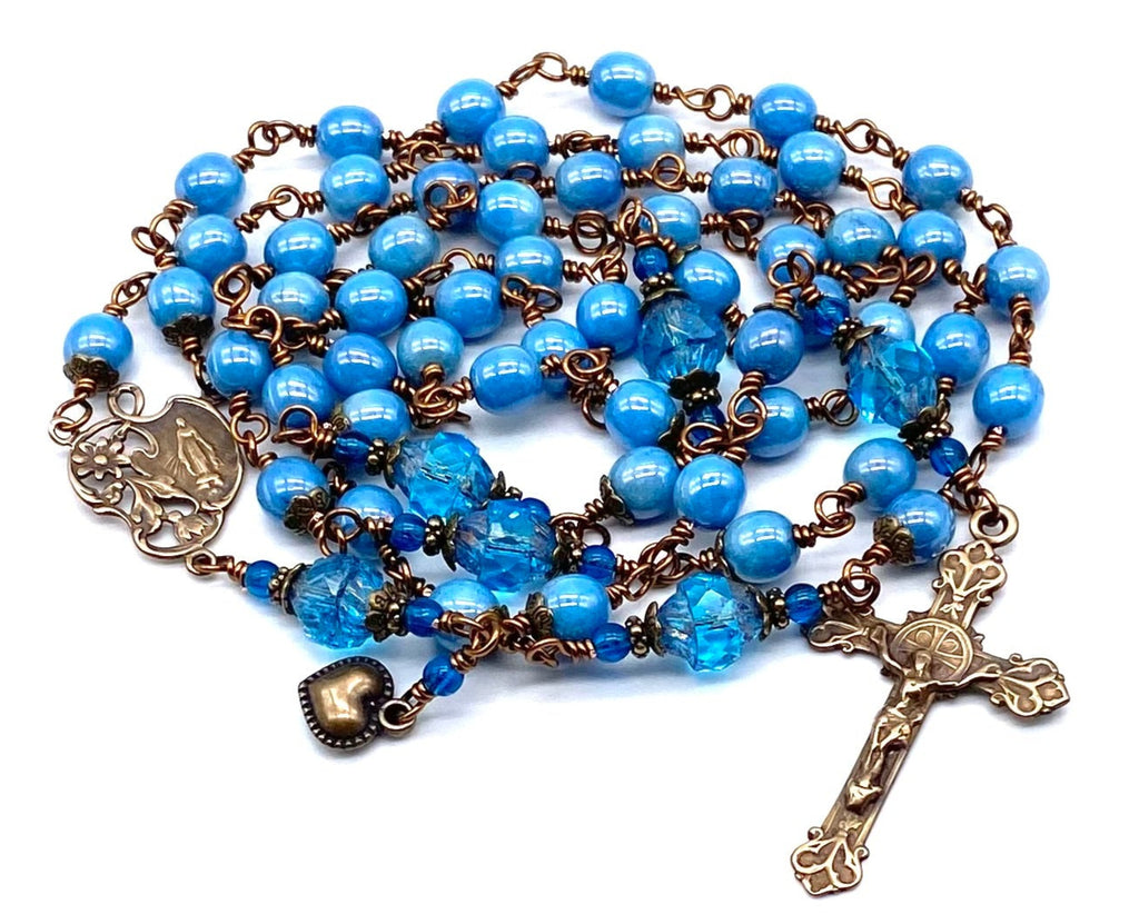 Capri Blue Czech Glass Wire Wrapped Catholic Heirloom Rosary LARGE