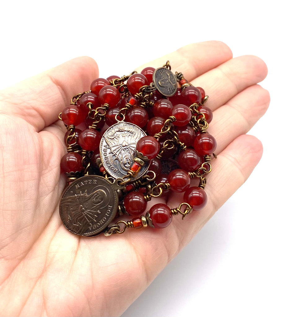 Natural Carnelian Gemstone Catholic Heirloom Rosary of the Seven Sorrows Lrg