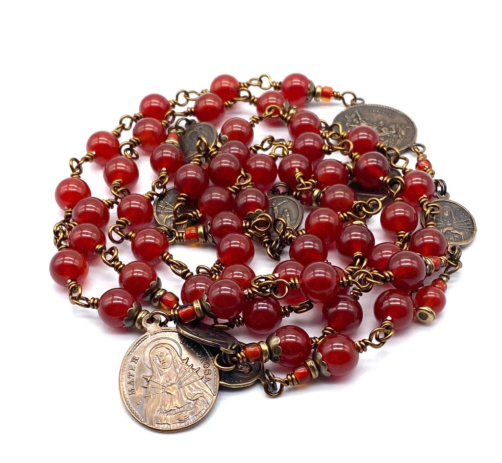 Natural Carnelian Gemstone Catholic Heirloom Rosary of the Seven Sorrows Lrg