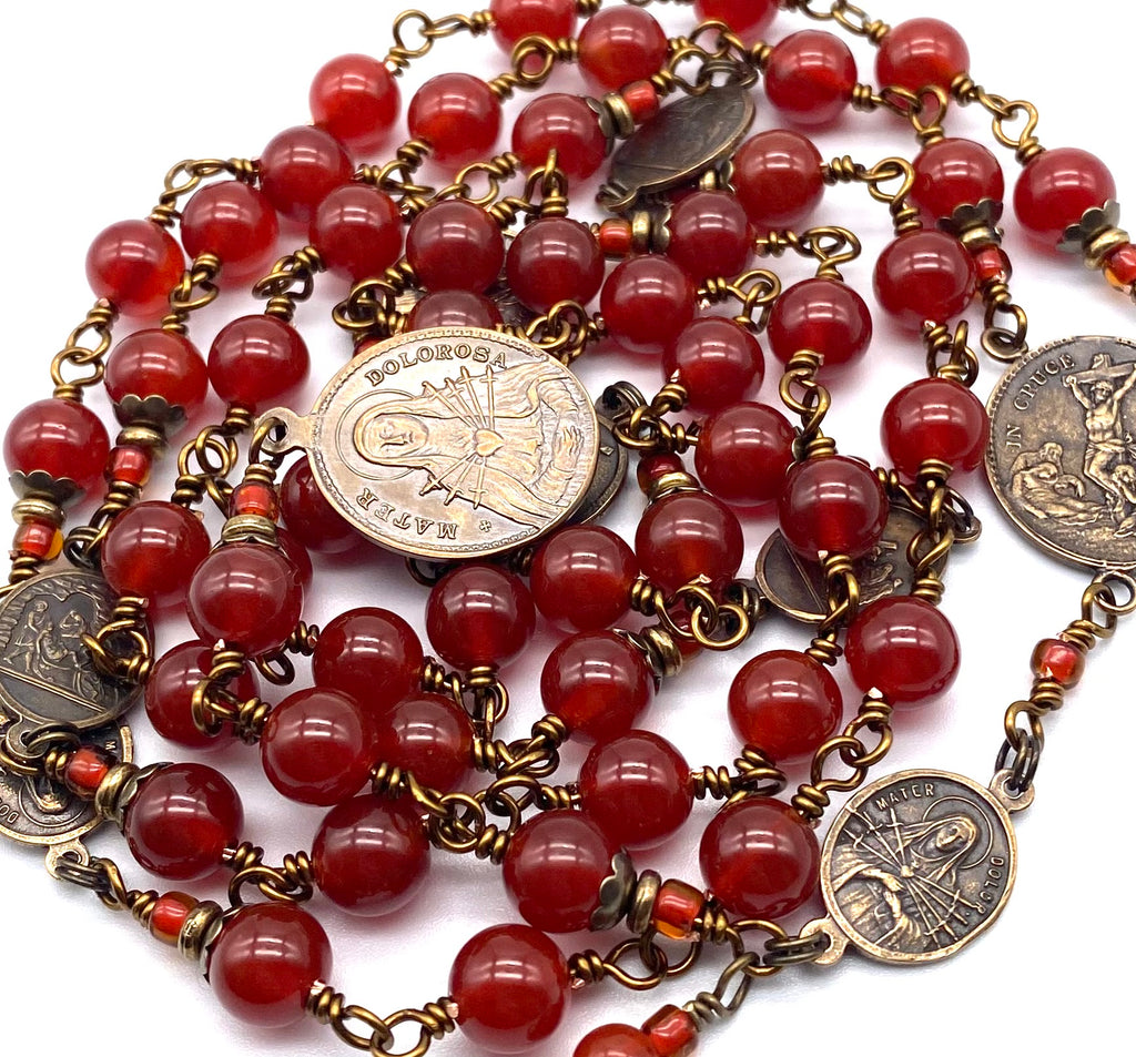 Natural Carnelian Gemstone Catholic Heirloom Rosary of the Seven Sorrows Lrg