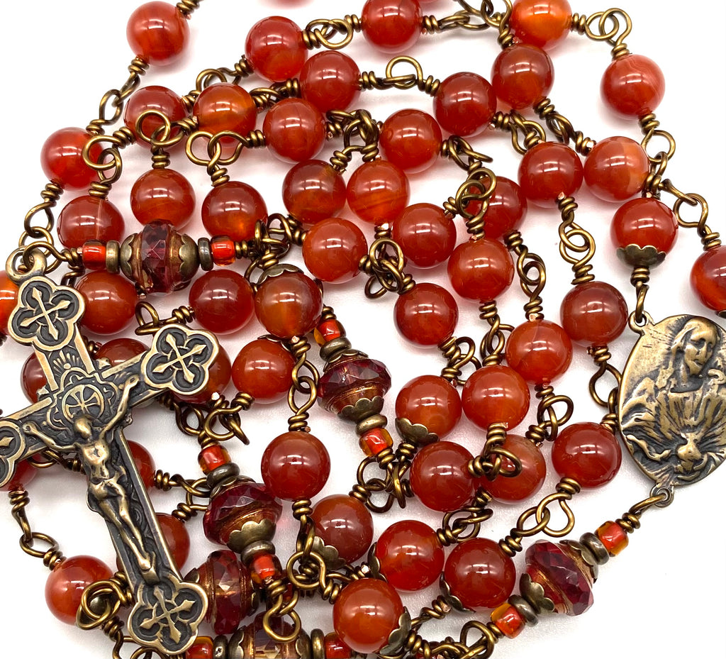 Carnelian Gemstone Wire Wrapped Catholic Heirloom Rosary Large