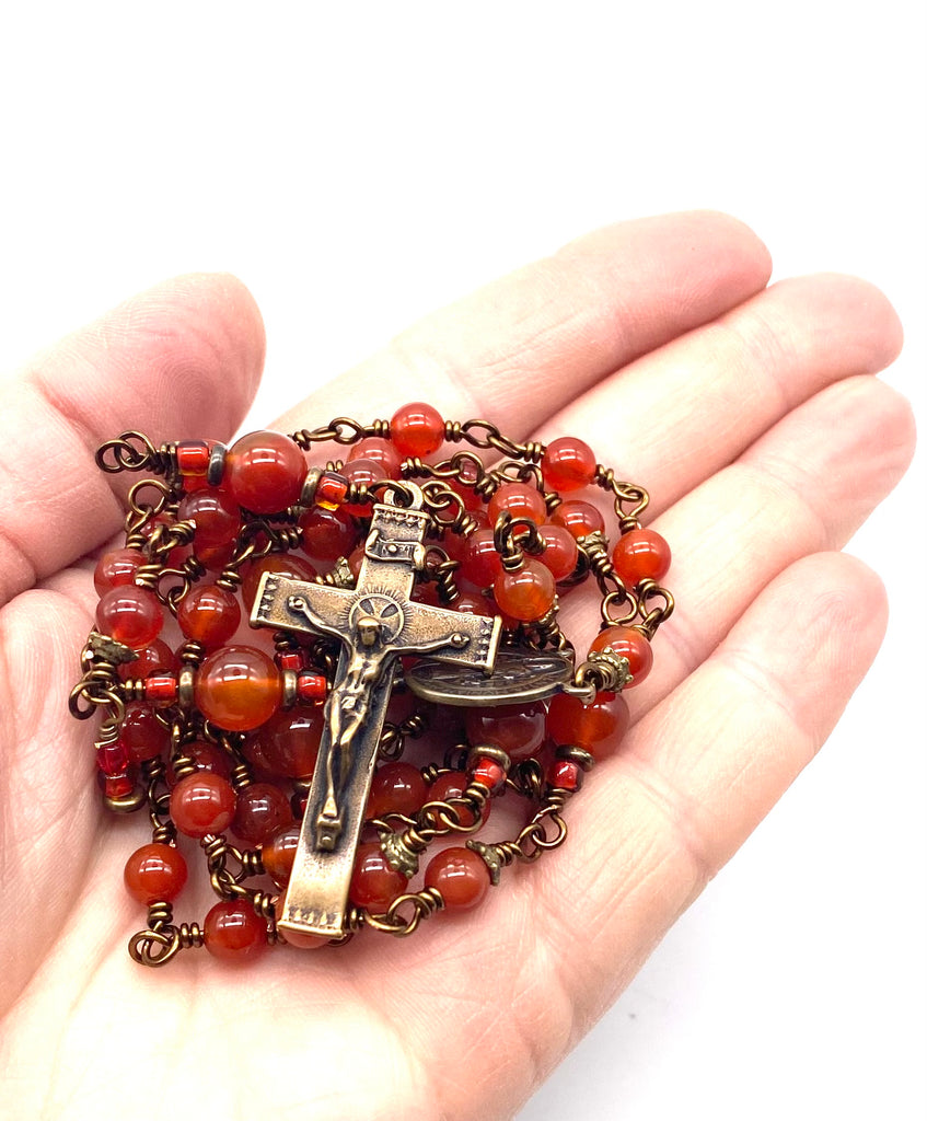 Carnelian Gemstone Wire Wrapped Catholic Heirloom Rosary Medium