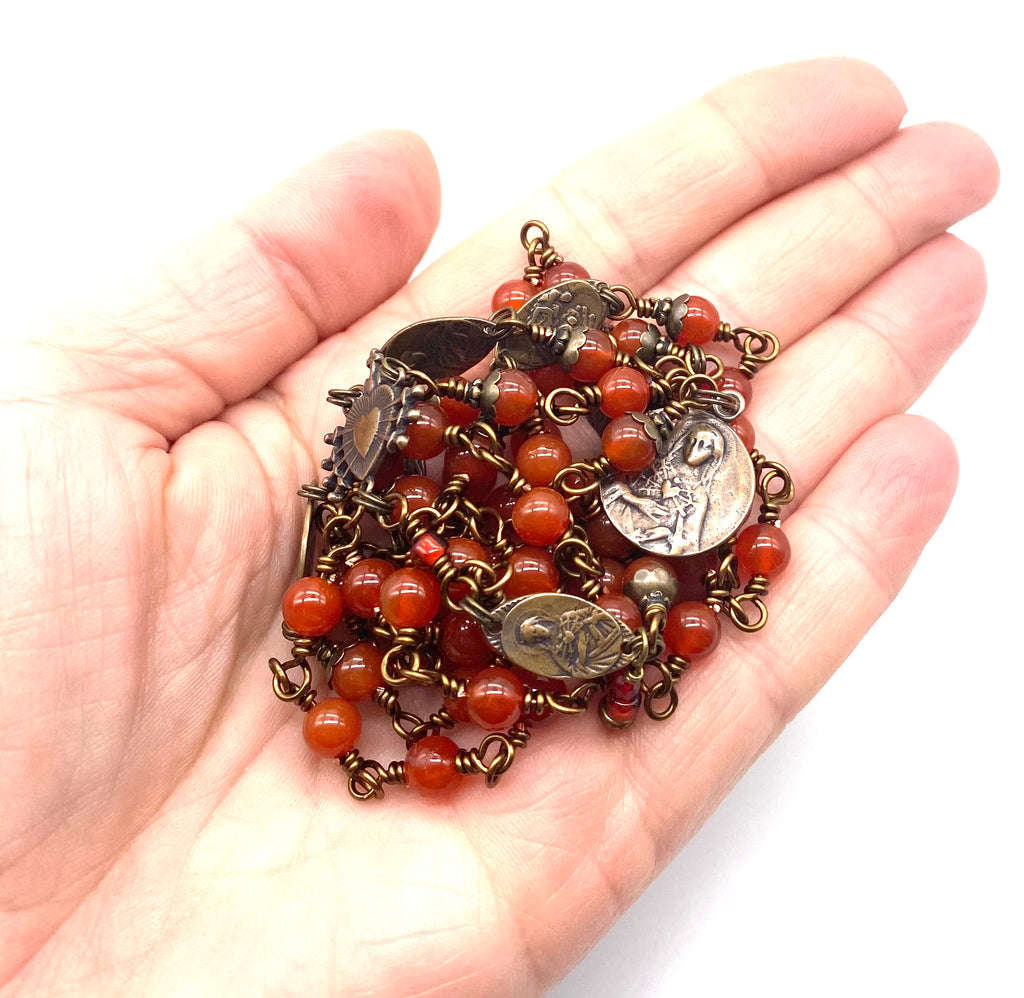 Seven Sorrows Rosary, Carnelian Gemstone Heirloom Catholic Servite Delores Rosary Wire Wrapped Solid Bronze MEDIUM