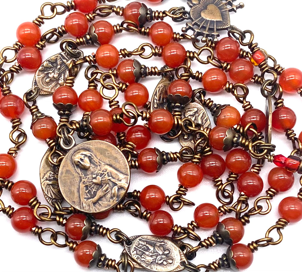 Seven Sorrows Rosary, Carnelian Gemstone Heirloom Catholic Servite Delores Rosary Wire Wrapped Solid Bronze MEDIUM