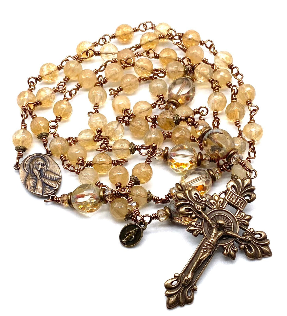 Champagne Quartz Gemstone Wire Wrapped Catholic Heirloom Rosary LARGE