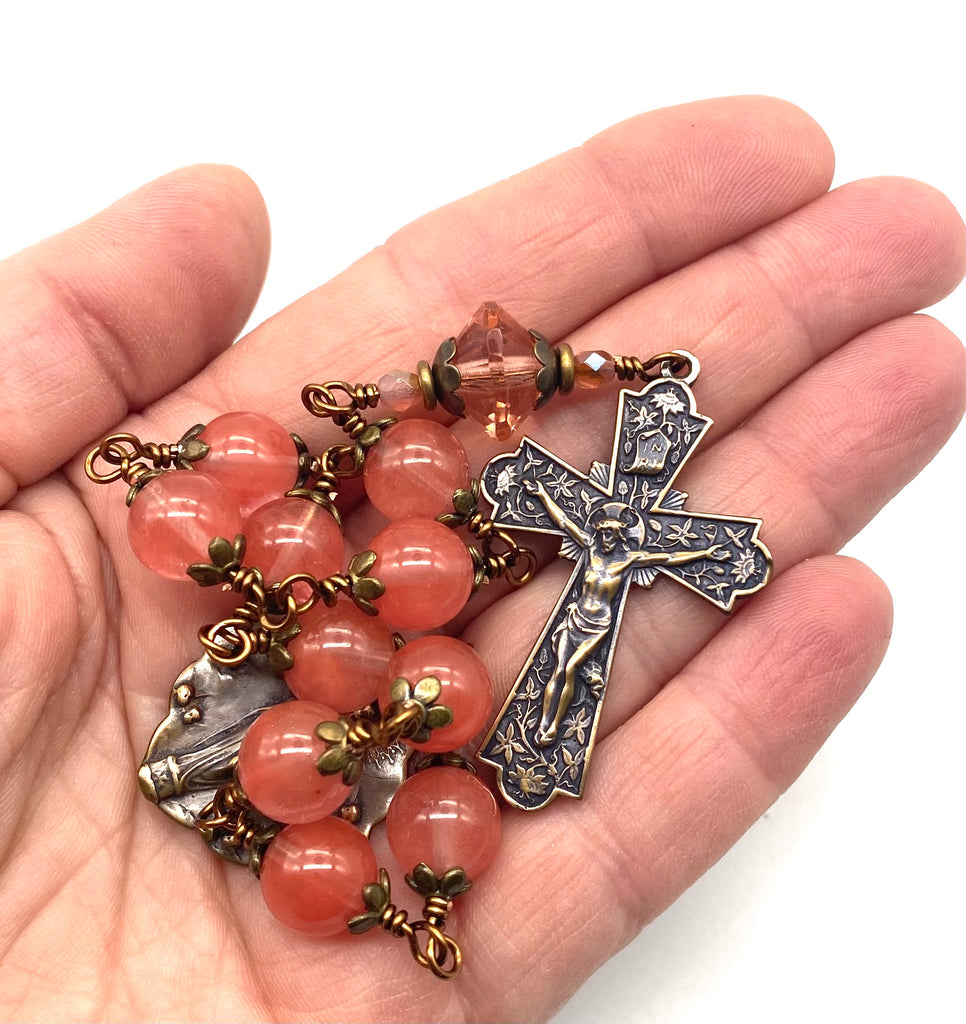 Cherry Quartz Faceted Gemstone BIG BEAD Catholic Heirloom Tenner Rosary