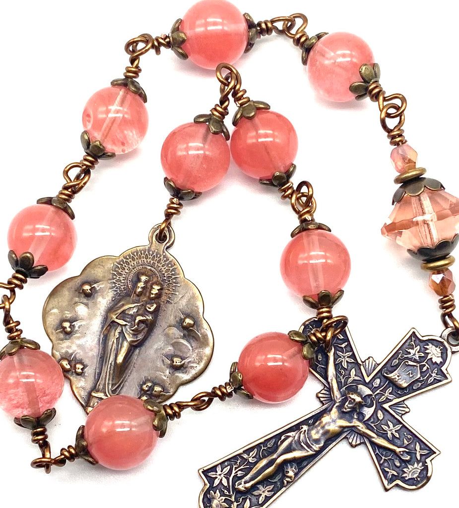 Cherry Quartz Faceted Gemstone BIG BEAD Catholic Heirloom Tenner Rosary