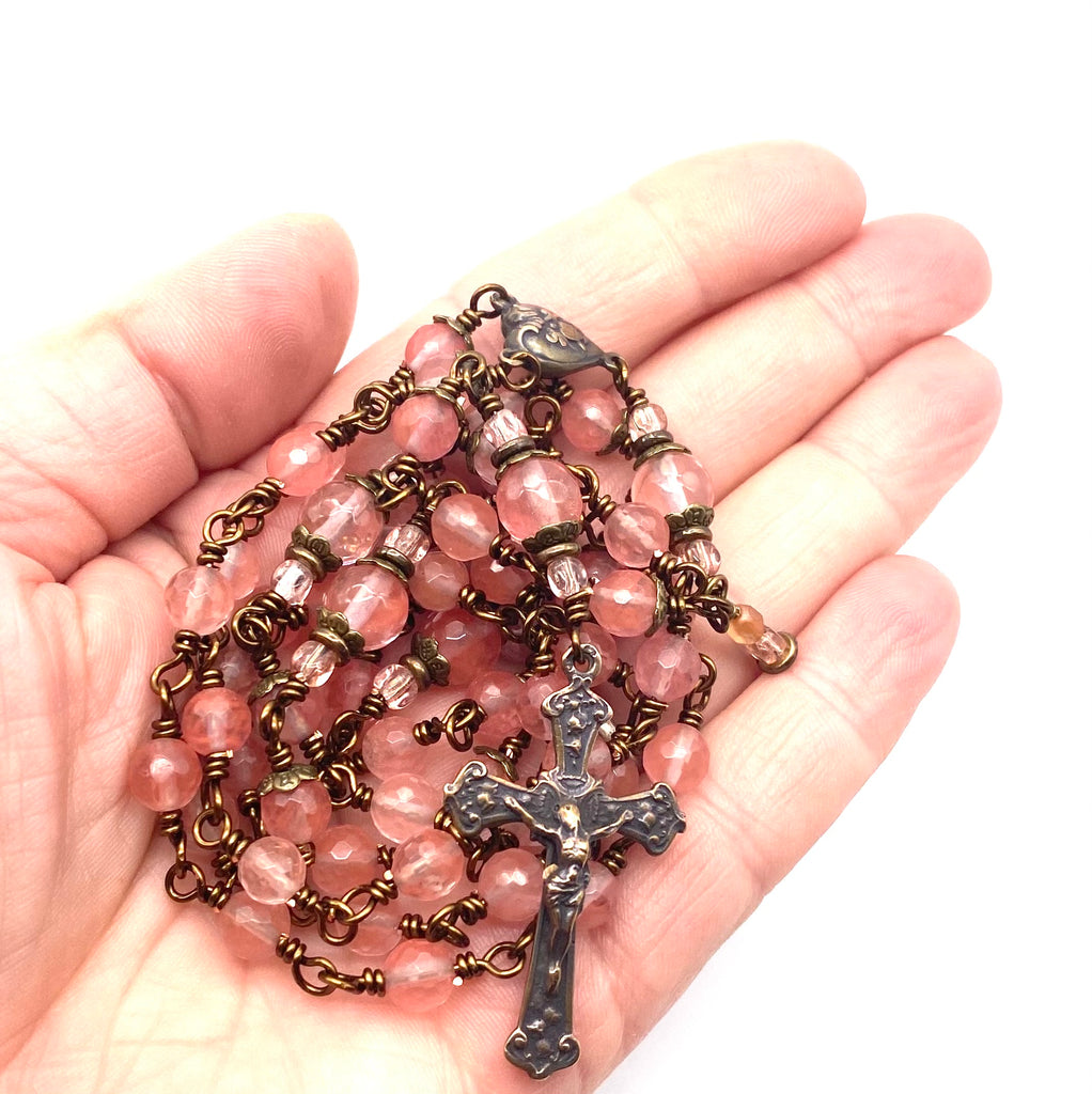 Cherry Quartz Gemstone Wire Wrapped Catholic Heirloom Rosary Medium