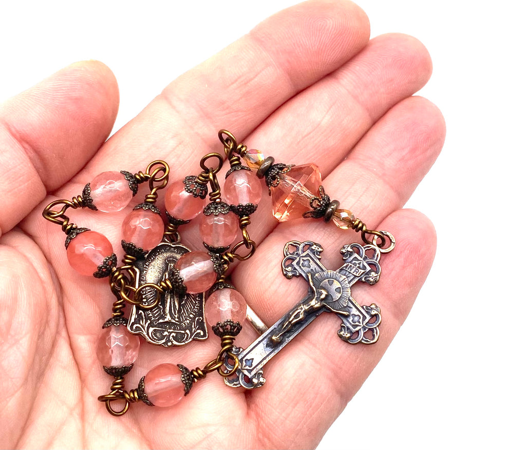 Cherry Quartz Gemstone Catholic Heirloom Tenner Rosary