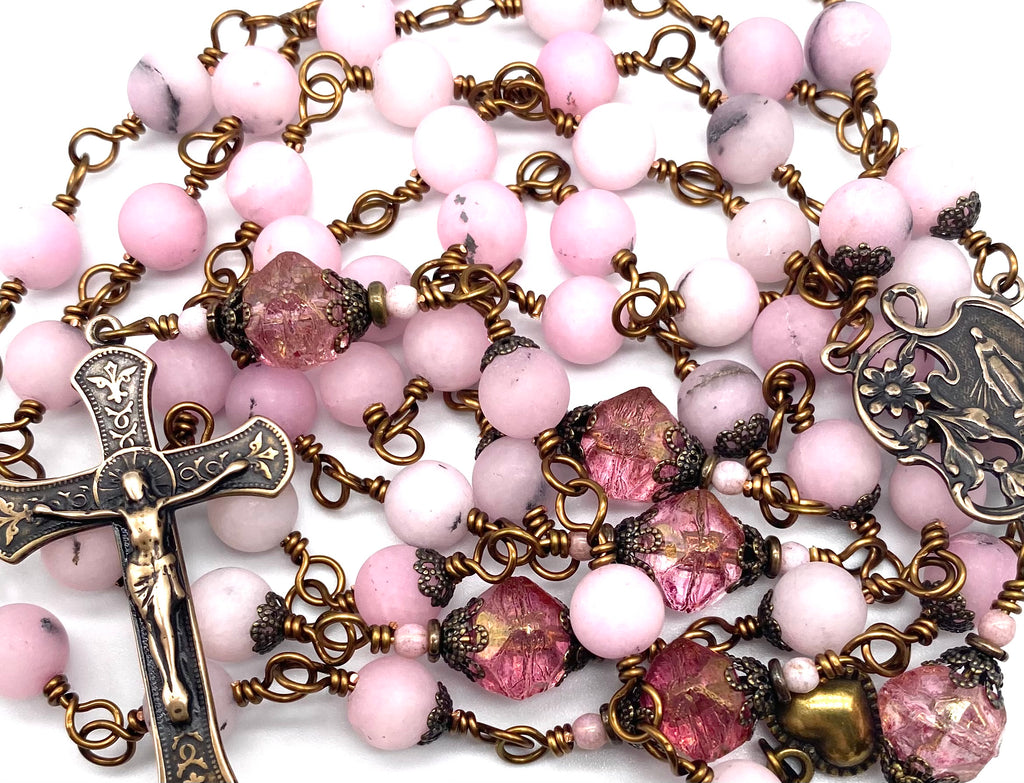Cherry Blossom Jade Matte Gemstone Wire Wrapped Catholic Heirloom Rosary Large