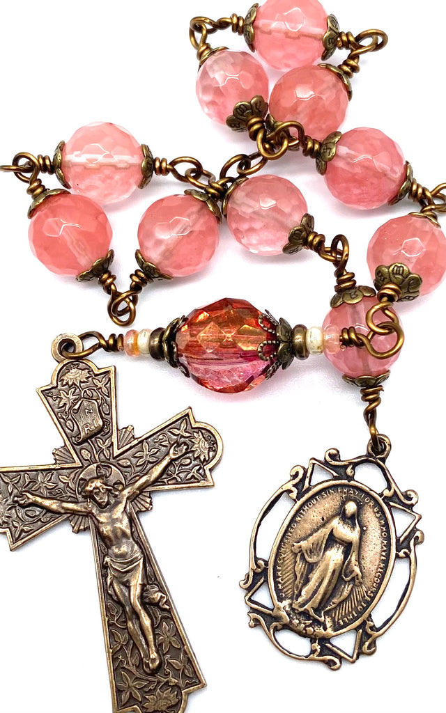 Cherry Quartz Faceted Gemstone BIG BEAD Catholic Heirloom Tenner Rosary