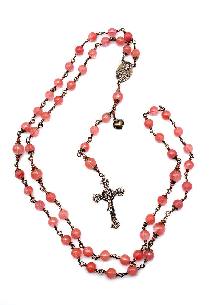 Cherry Quartz Gemstone Wire Wrapped Catholic Heirloom Rosary Large