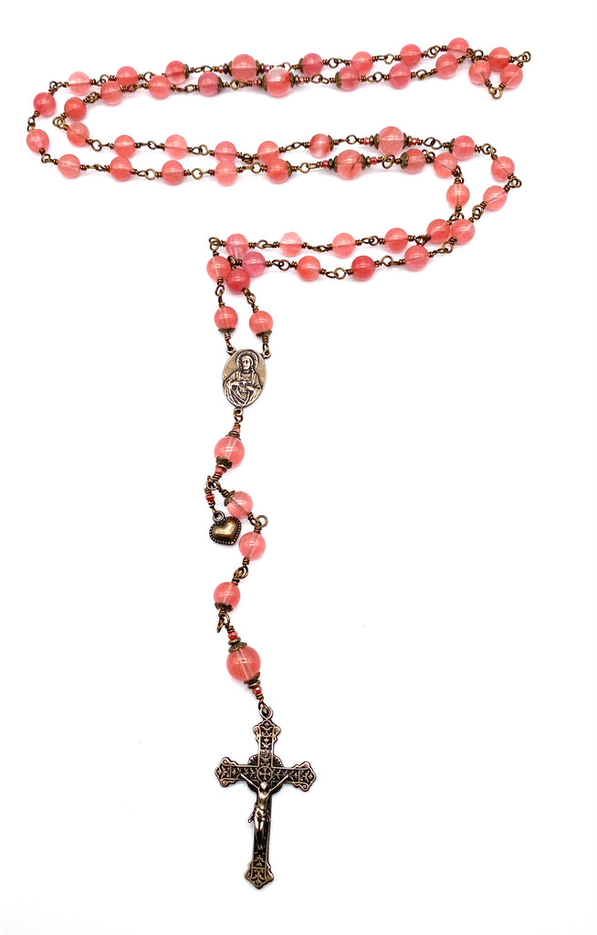 Cherry Quartz Gemstone Wire Wrapped Catholic Heirloom Rosary Large