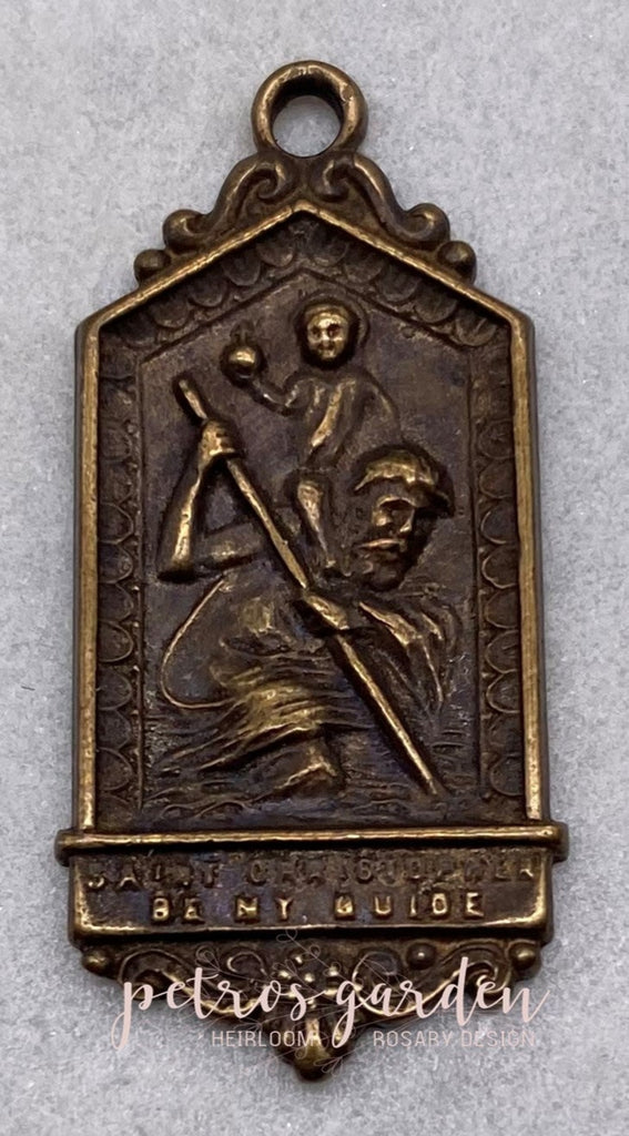 Solid Bronze SAINT CHRISTOPHER Catholic Medal, Rosary Parts, Religious Charms, Antique Vintage Reproduction #PG7173