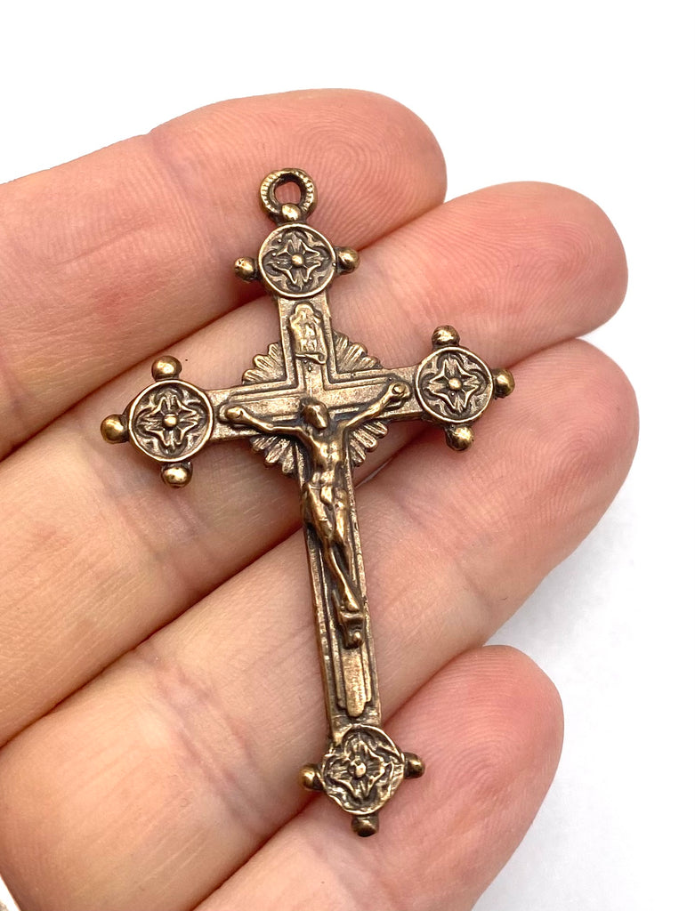 Solid Bronze CIRCLE POINTS Crucifix, Rosary Parts, Catholic Pendant Jewelry, Religious Charm, Antique/Vintage Reproduction #PG3156