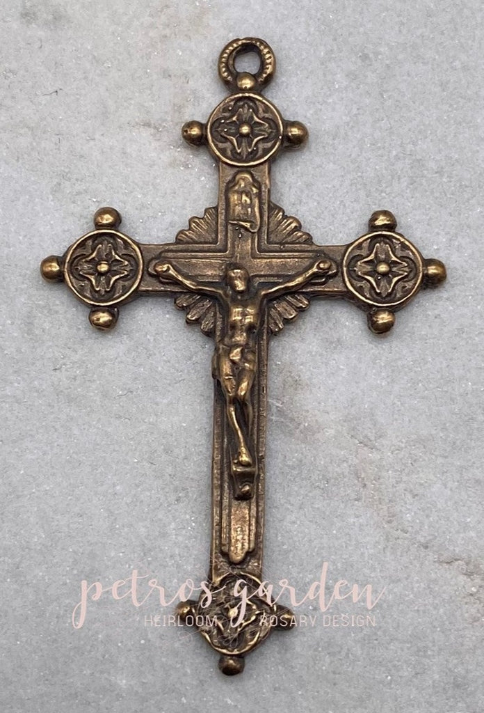 Solid Bronze CIRCLE POINTS Crucifix, Rosary Parts, Catholic Pendant Jewelry, Religious Charm, Antique/Vintage Reproduction #PG3156
