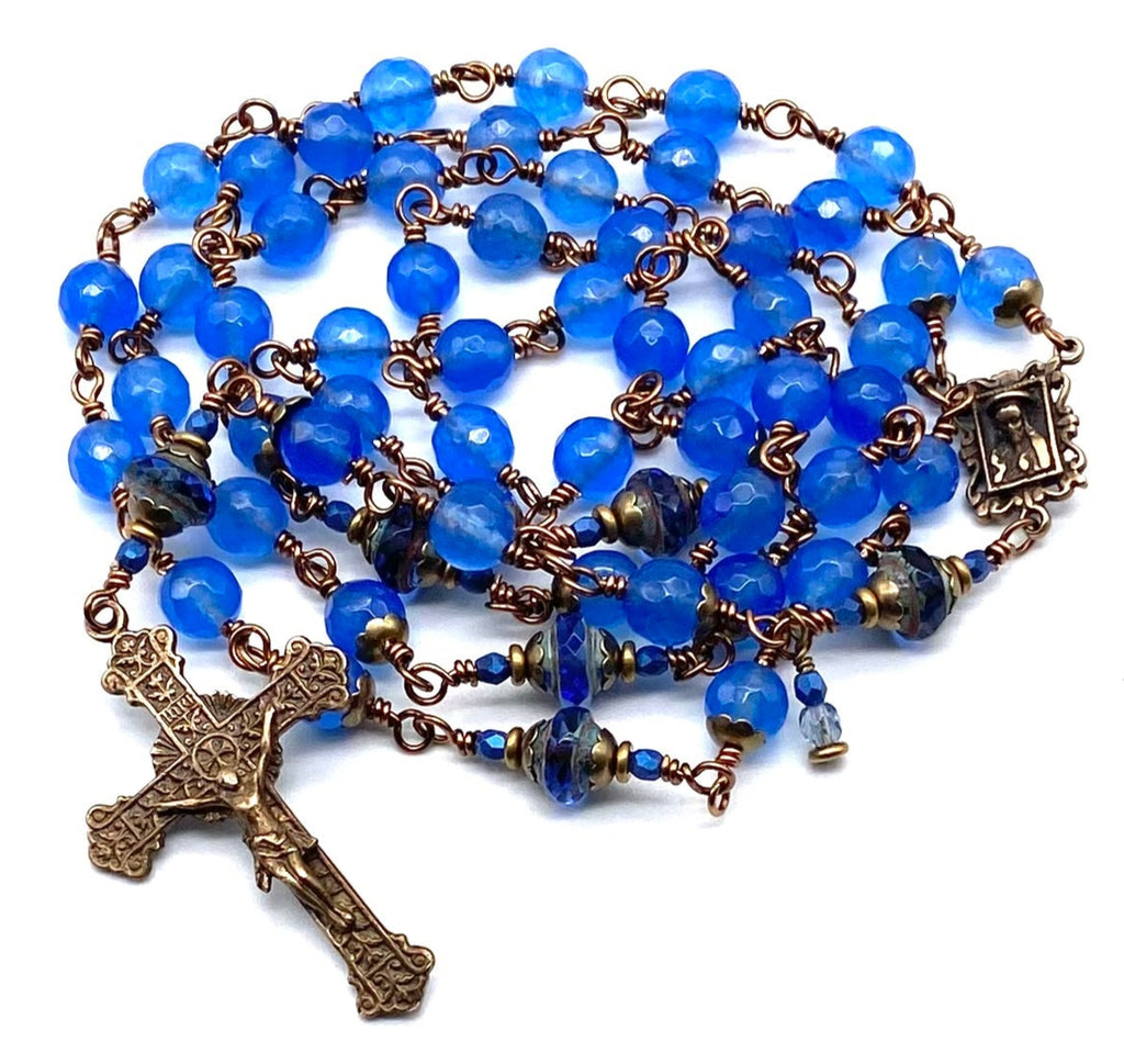 Cobalt Blue Jade Gemstone Wire Wrapped Catholic Heirloom Rosary LARGE