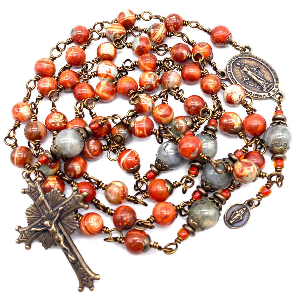 Copper Red Sage Agate Gemstone Wire Wrapped Catholic Heirloom Rosary LARGE