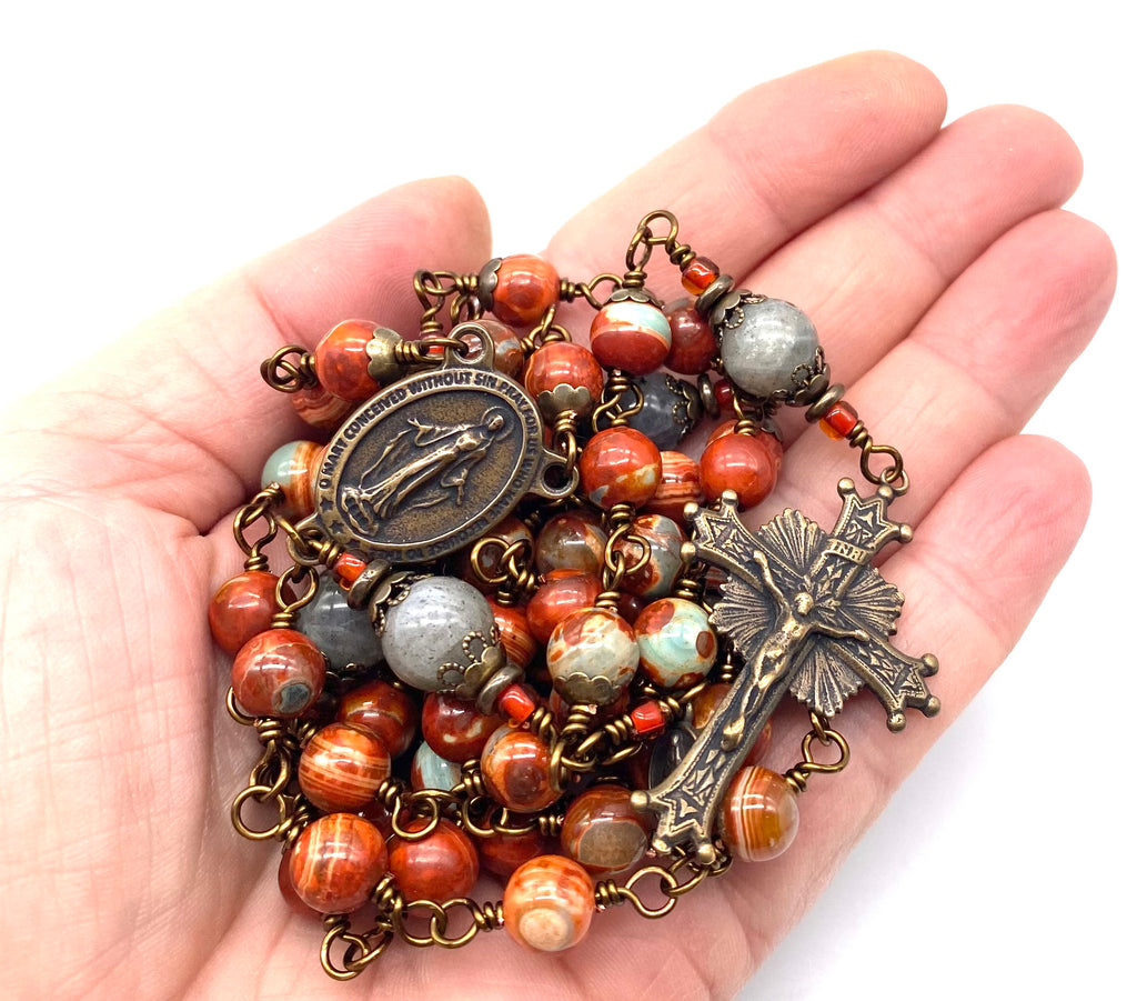 Copper Red Sage Agate Gemstone Wire Wrapped Catholic Heirloom Rosary LARGE