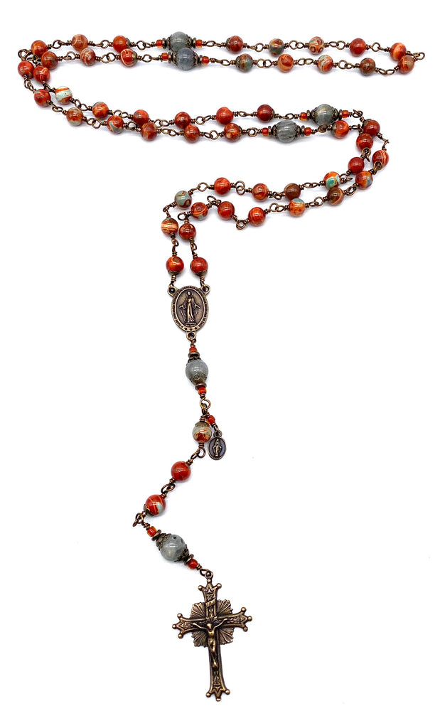 Copper Red Sage Agate Gemstone Wire Wrapped Catholic Heirloom Rosary LARGE
