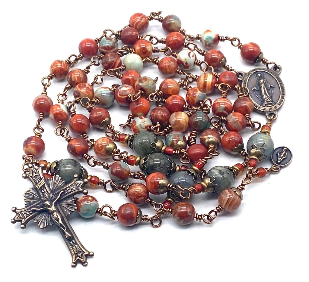 Copper Red Sage Agate Gemstone Wire Wrapped Catholic Heirloom Rosary LARGE