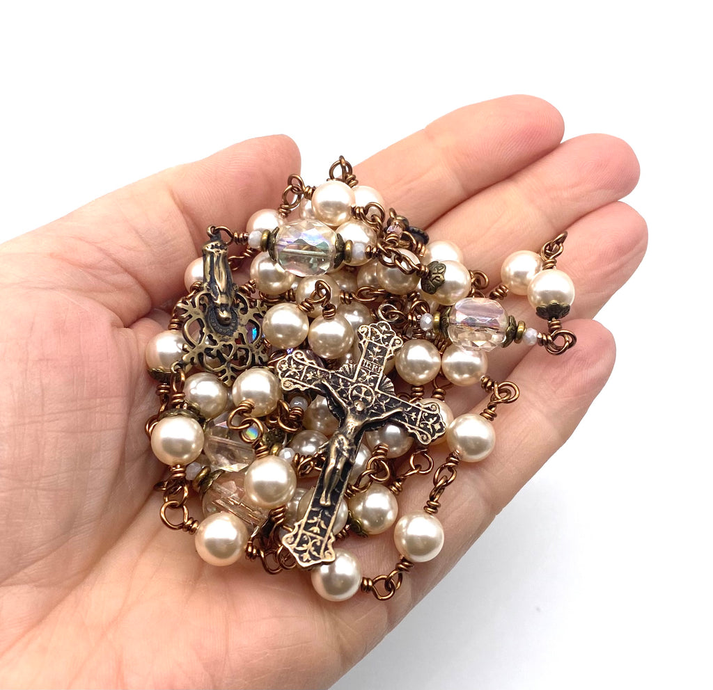 Cream Swarovski Pearl Wire Wrapped Catholic Heirloom Rosary LARGE