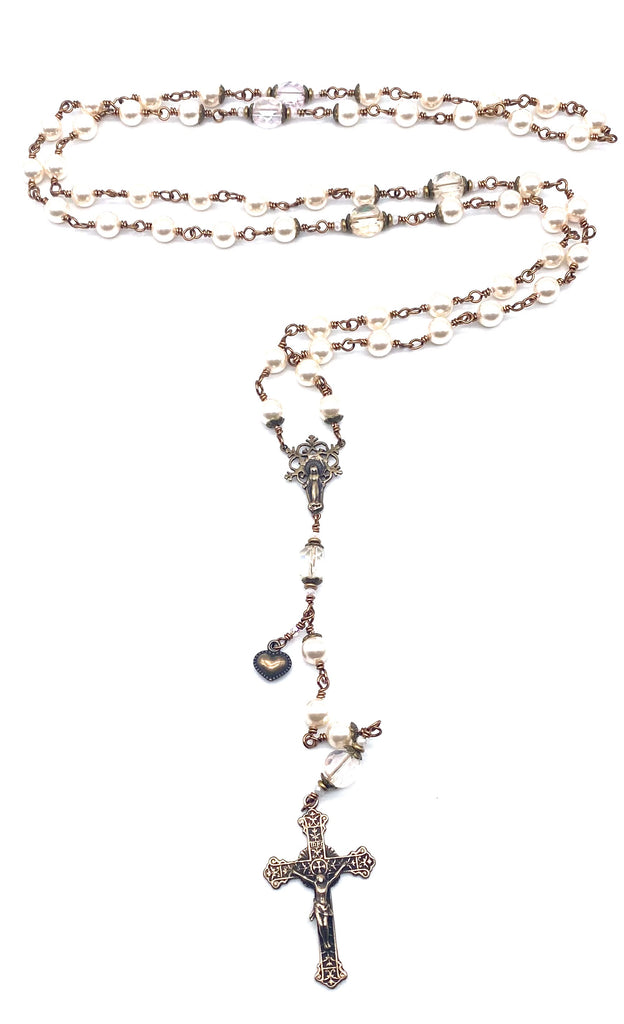 Cream Swarovski Pearl Wire Wrapped Catholic Heirloom Rosary LARGE