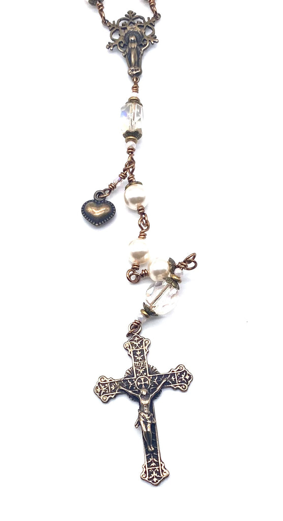 Cream Swarovski Pearl Wire Wrapped Catholic Heirloom Rosary LARGE