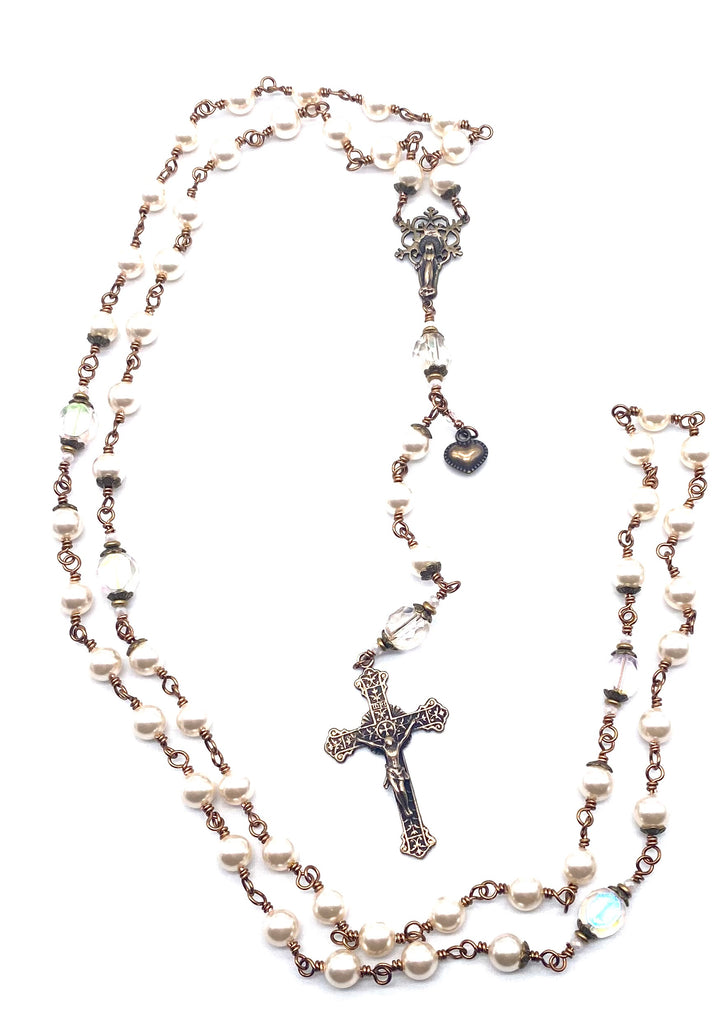 Cream Swarovski Pearl Wire Wrapped Catholic Heirloom Rosary LARGE