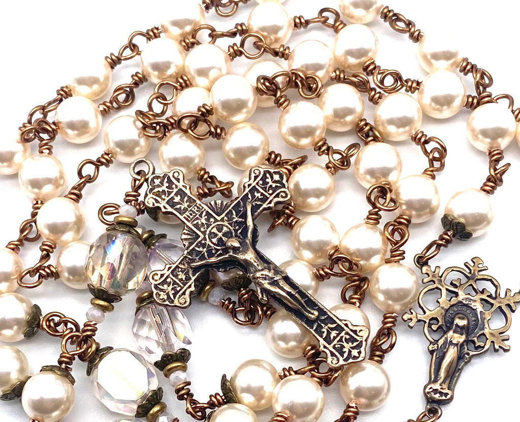 Cream Swarovski Pearl Wire Wrapped Catholic Heirloom Rosary LARGE