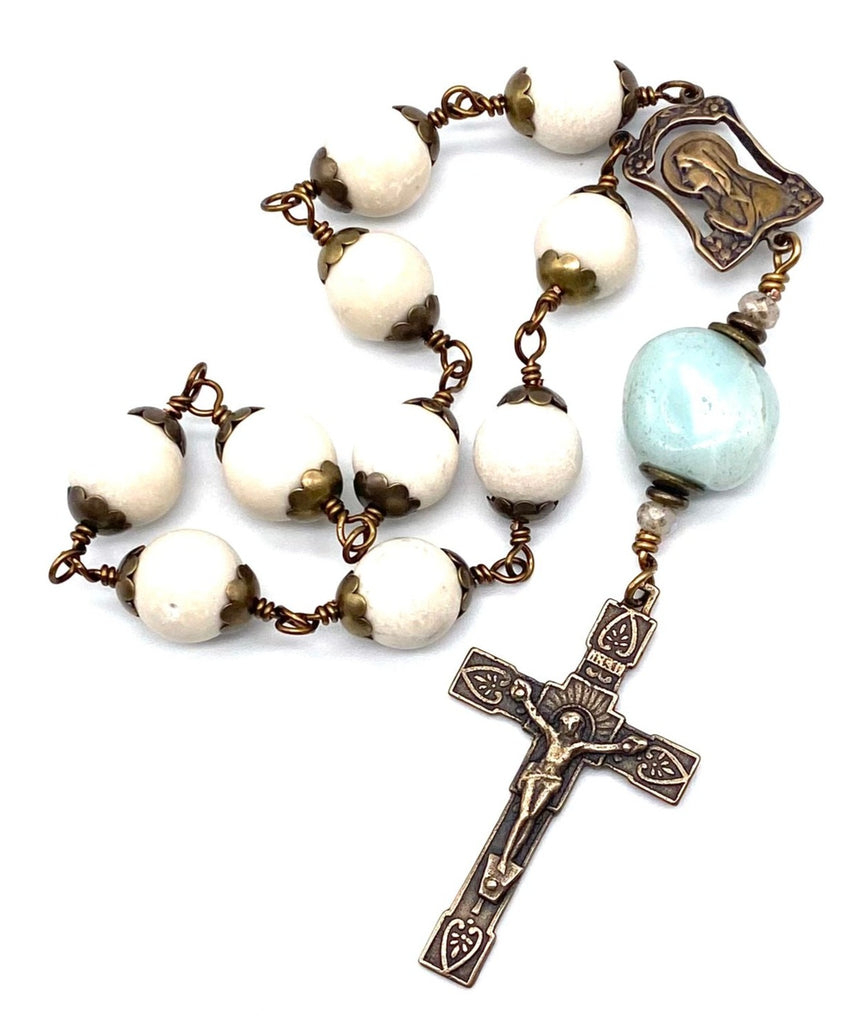 Cream Riverstone Matte Gemstone BIG BEAD Catholic Heirloom Travel Rosary