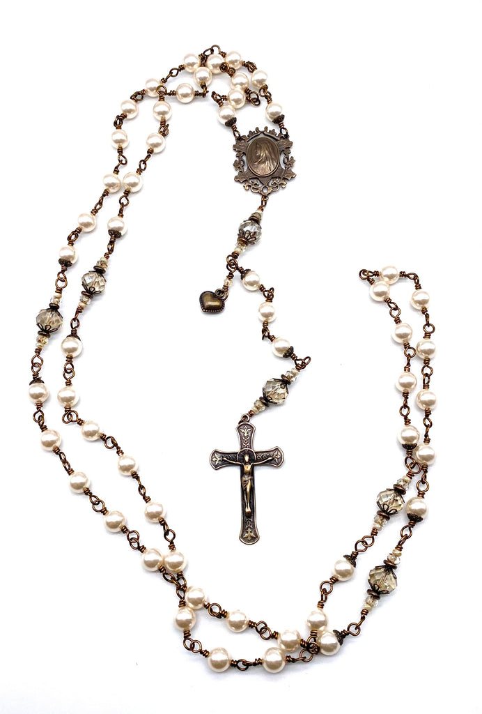 Cream Rose Swarovski Pearl Wire Wrapped Catholic Heirloom Rosary Large
