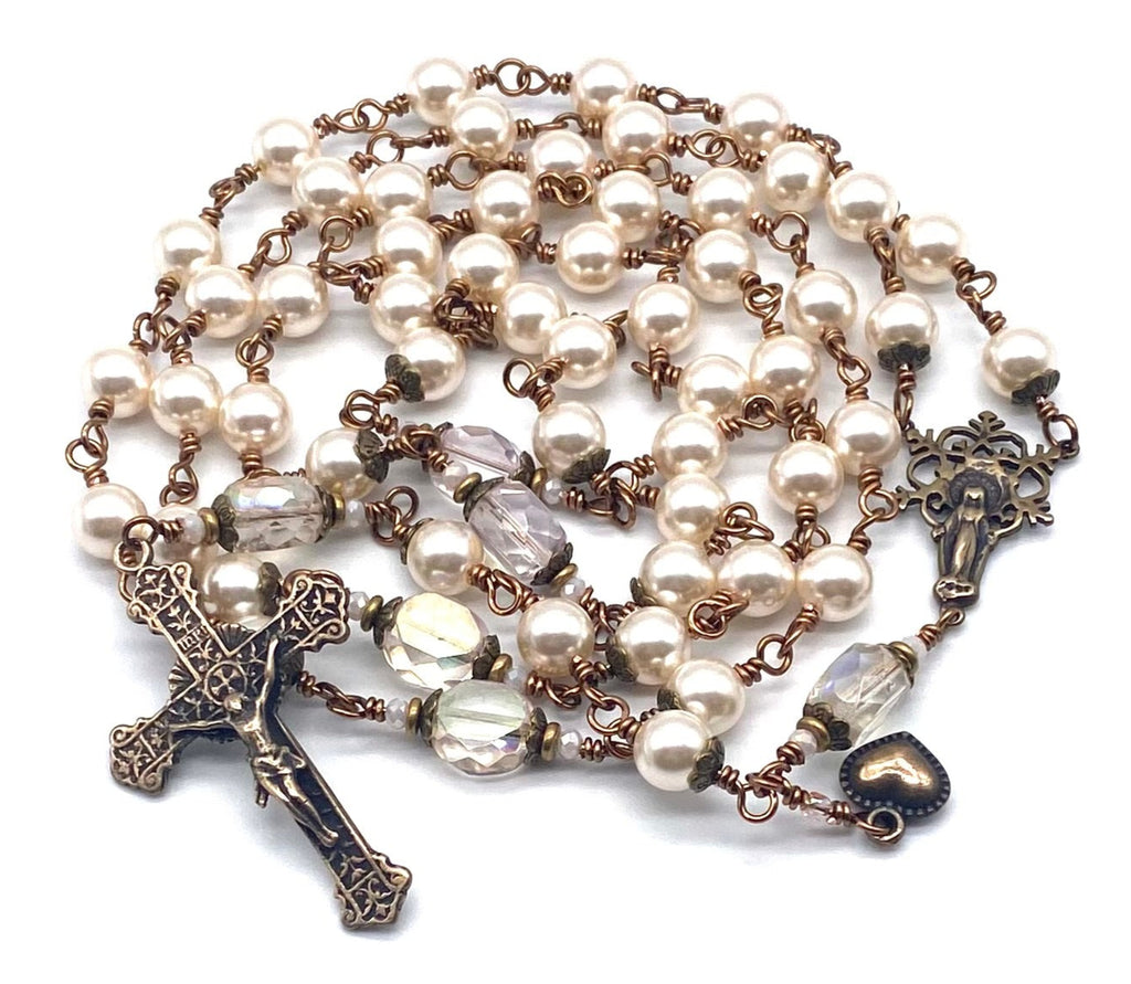 Cream Swarovski Pearl Wire Wrapped Catholic Heirloom Rosary LARGE