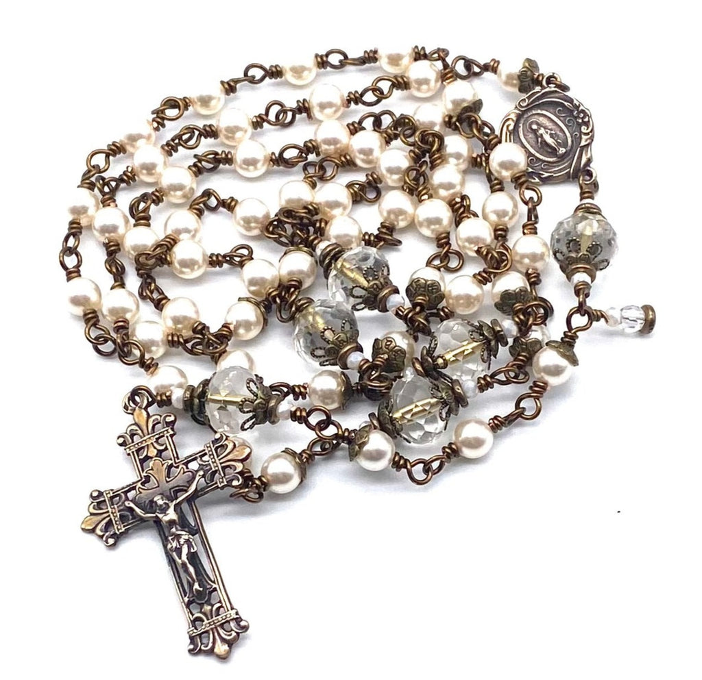 Cream Rose Swarovski Pearl Catholic Heirloom Rosary Medium