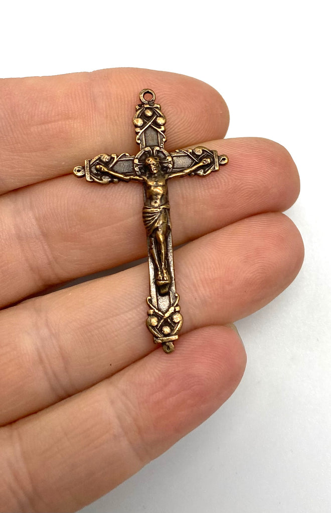 Solid Bronze CROSS DESIGN WITH DOTS Rosary Crucifix, Catholic Pendant, Religious Charm Jewelry, Antique/Vintage Reproduction #PG3140