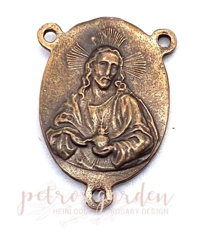 Solid Bronze CROWNED MARY SACRED HEART of JESUS Rosary Center, Antique/Vintage Reproduction #PG1137