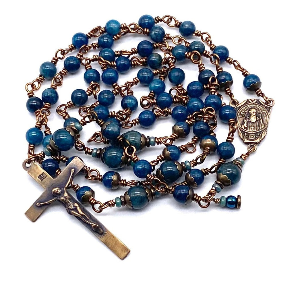 Dark Blue Apatite Gemstone Wire Wrapped Catholic Heirloom Rosary Medium