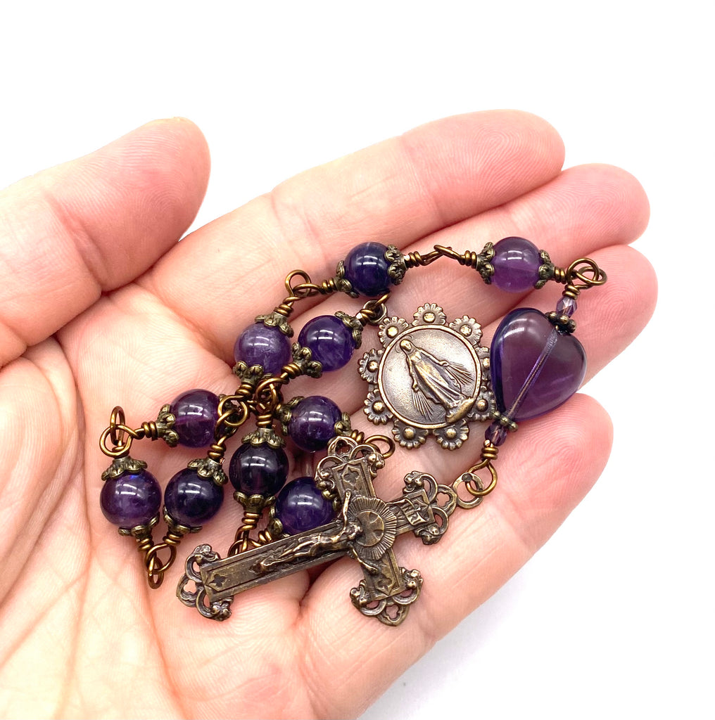 Deep Purple Amethyst Gemstone Wire Wrapped Catholic Heirloom Tenner Rosary