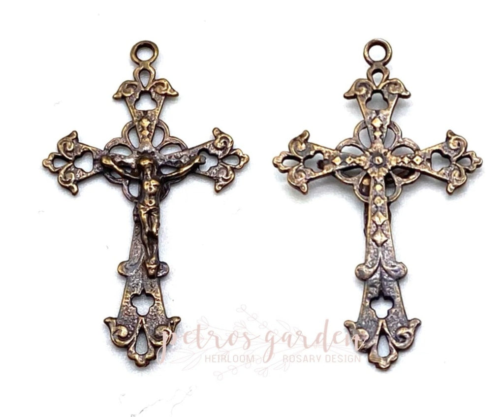 Solid Bronze DELICATE FINE OPENWORK Crucifix, Rosary Parts, Catholic Pendant Jewelry, Religious Charms, Antique/Vintage Reproduction #PG3148