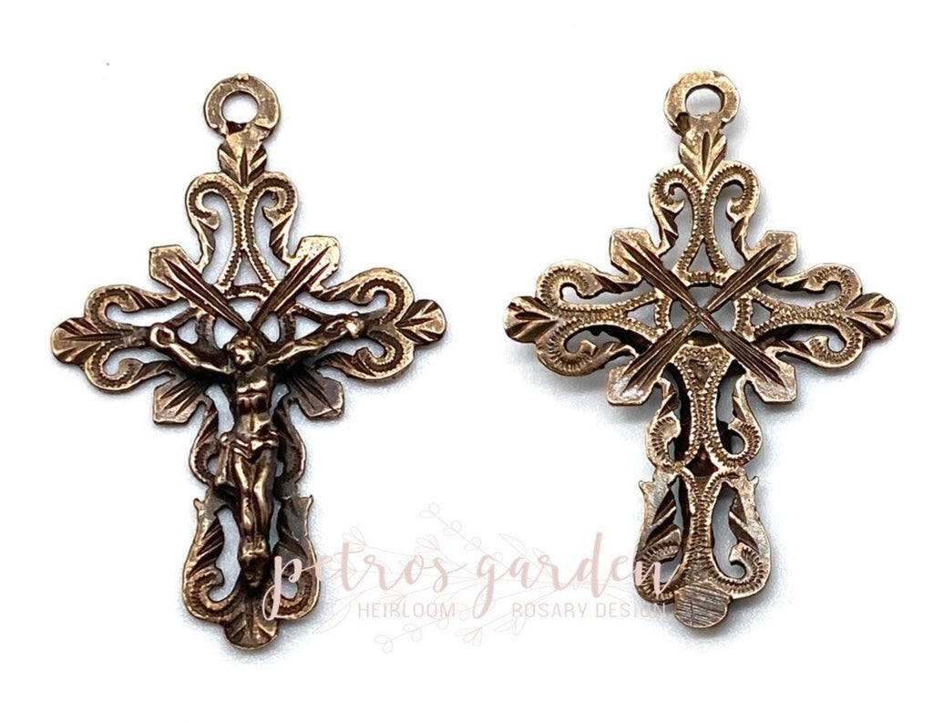Solid Bronze DELICATE PETITE Rosary Crucifix, Catholic Pendant, Antique/Vintage Reproduction #PG3130