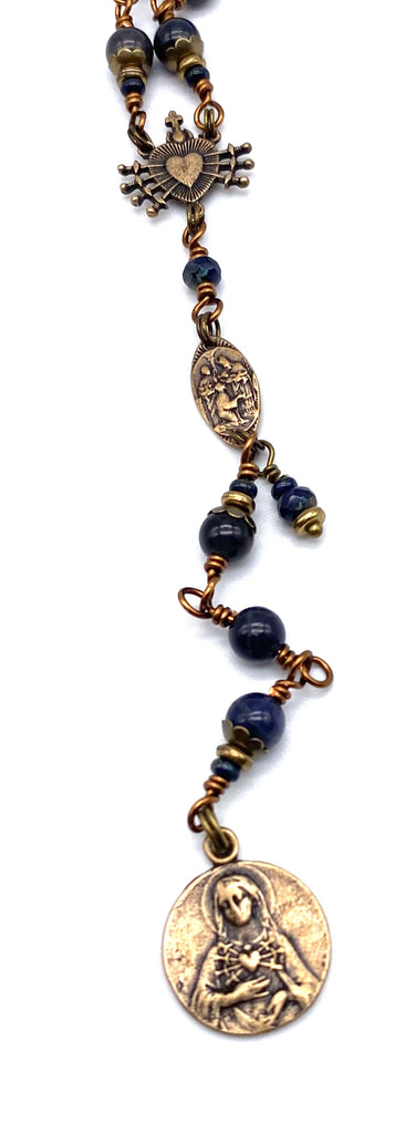 Denim Iolite Gemstone Wire Wrapped Catholic Heirloom Rosary of the Seven Sorrows Med