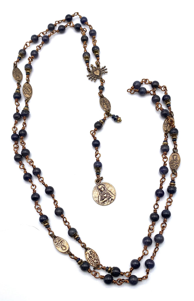 Denim Iolite Gemstone Wire Wrapped Catholic Heirloom Rosary of the Seven Sorrows Med