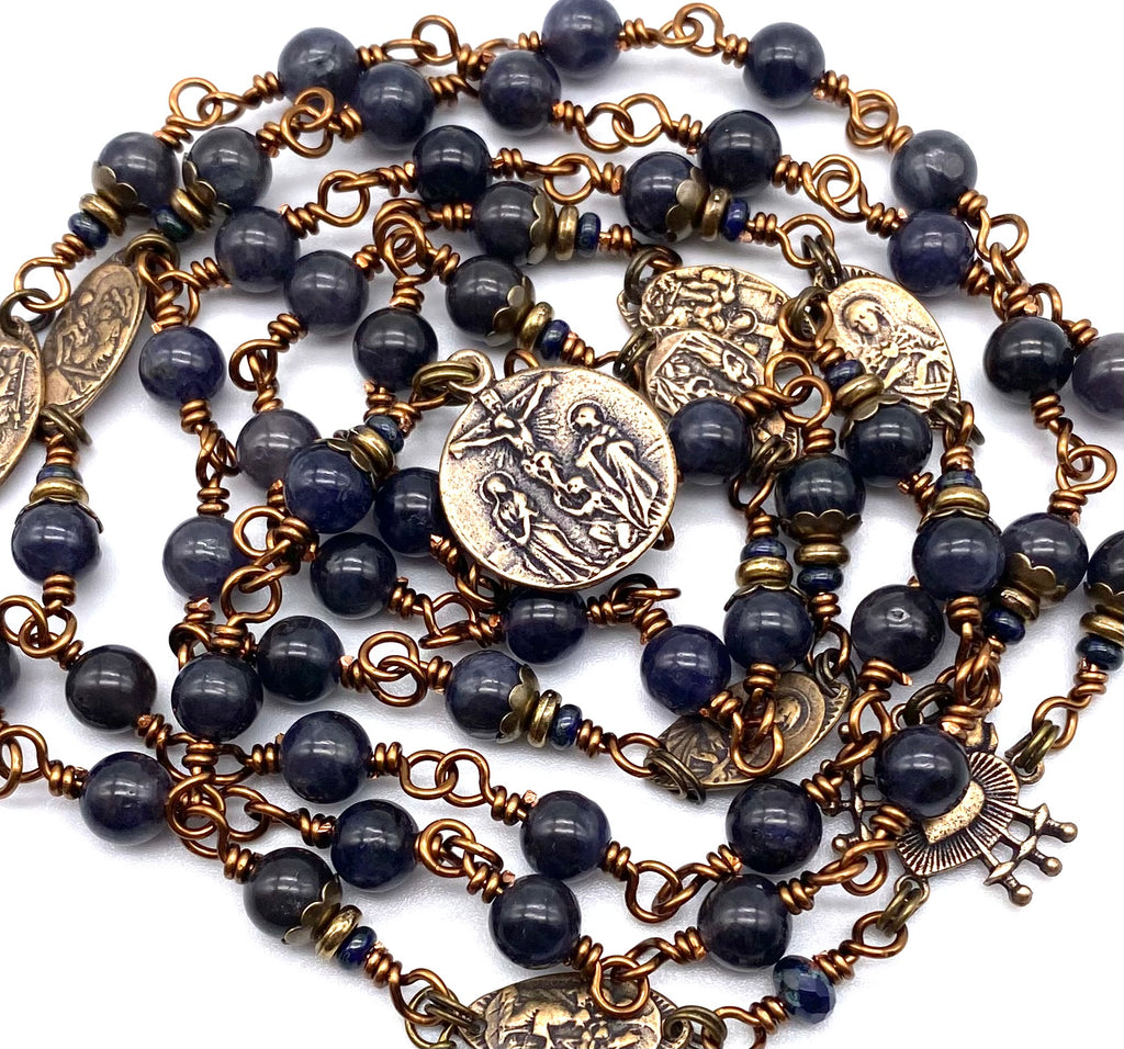 Denim Iolite Gemstone Wire Wrapped Catholic Heirloom Rosary of the Seven Sorrows Med