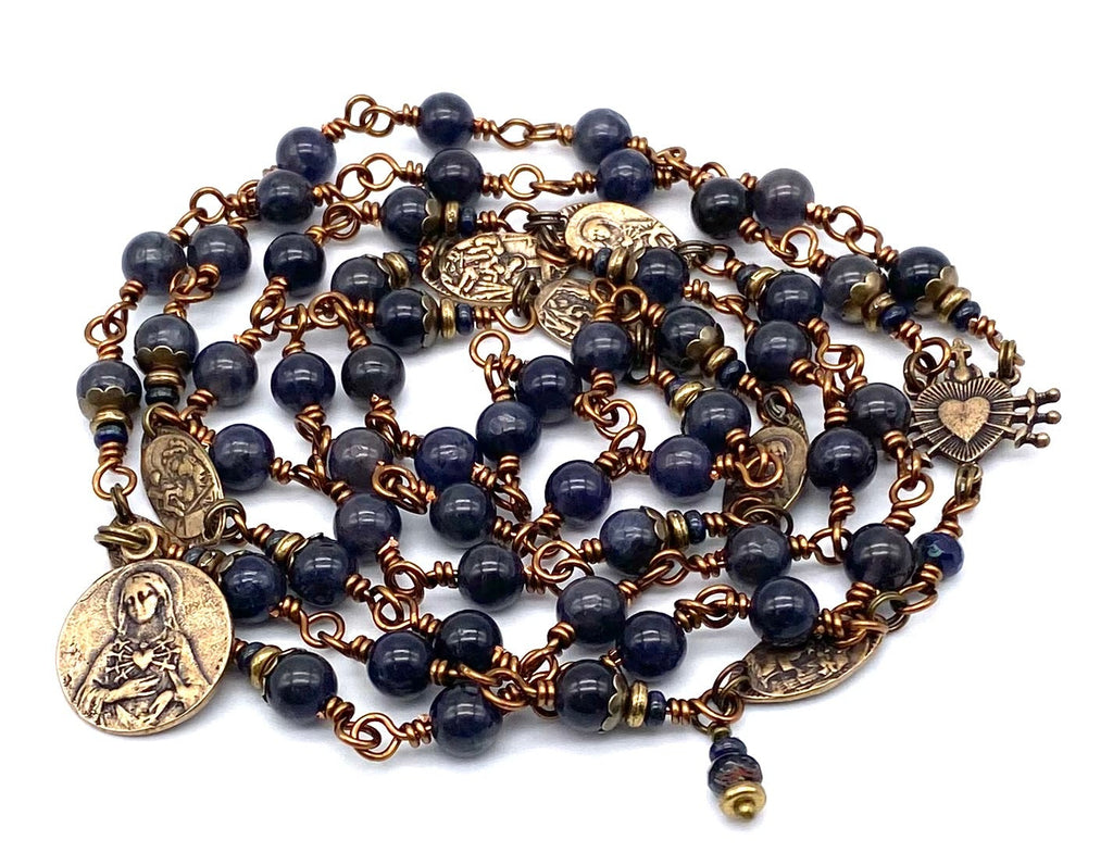 Denim Iolite Gemstone Wire Wrapped Catholic Heirloom Rosary of the Seven Sorrows Med