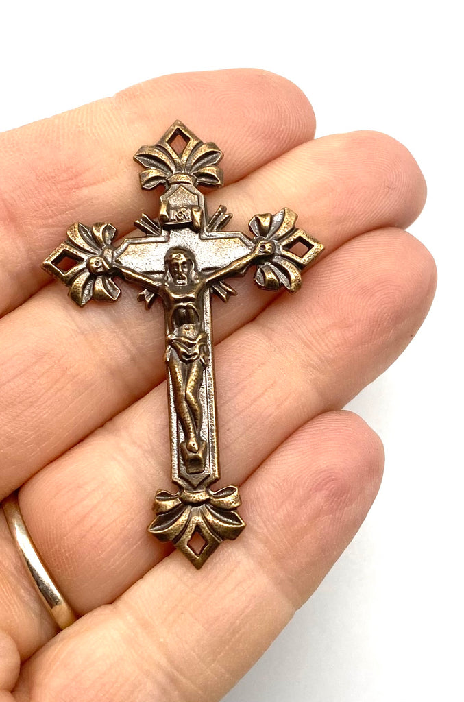 Solid Bronze DIAMOND BOWS Catholic Crucifix, Rosary Parts, Religious Charms, Antique Vintage Reproduction #PG4148