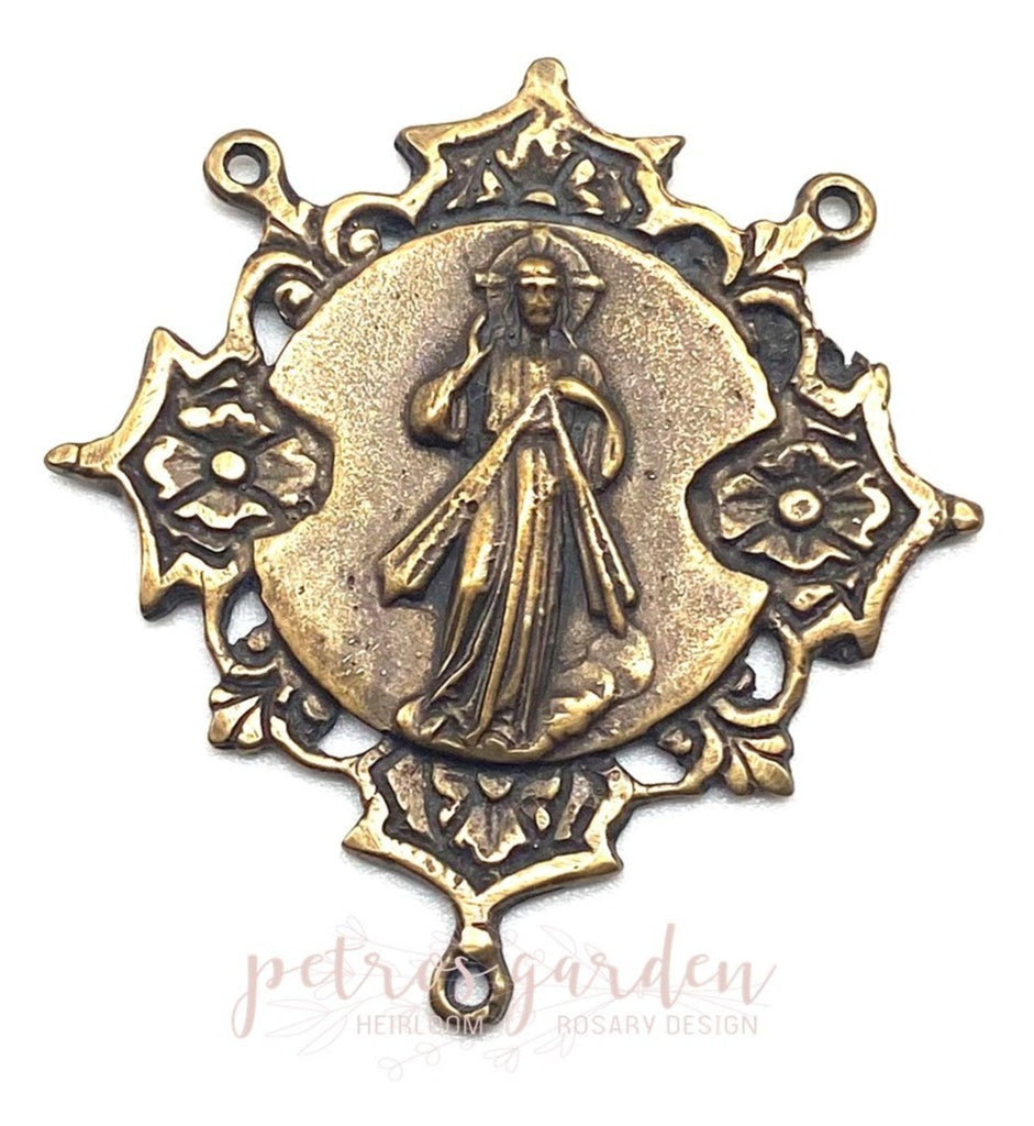 Solid Bronze DIVINE MERCY FLORAL Centerpiece, Rosary Center, Rosary Parts, Religious Charm, Antique Vintage Reproduction #PG2131