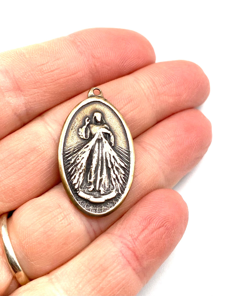 Solid Bronze DIVINE MERCY OVAL Catholic Medal, Rosary Parts, Religious Charms, Antique/Vintage Reproduction #PG7145